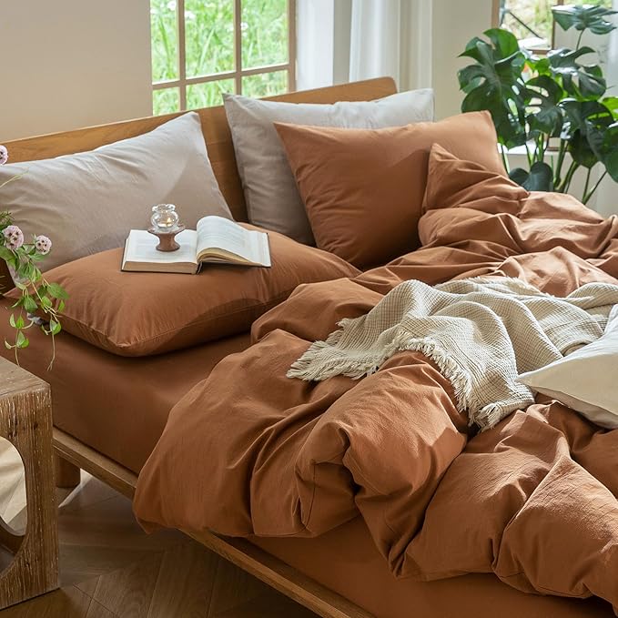 MooMee Bedding Duvet Cover Set 100% Washed Cotton Linen Like Textured Breathable Durable Soft Comfy (Solid Dark Orange, King 104"x90")