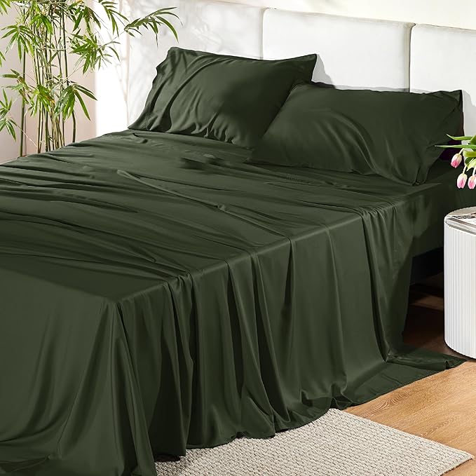 Bedsure California King Sheet Sets, Cooling Sheets, Rayon Derived from Bamboo, Breathable & Soft, Deep Pocket Up to 16 Inches, Hotel Luxury Silky Bedding for Hot Sleepers, Olive Green