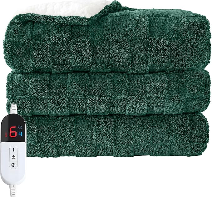 Electric Heated Throw Blanket - Jacquard Checkered Sherpa 50"x60" Fast Heating Bed Blankets with 6 Heating Levels & 4 Hours Auto Off, Over-Heat Protection ETL, Dark Green