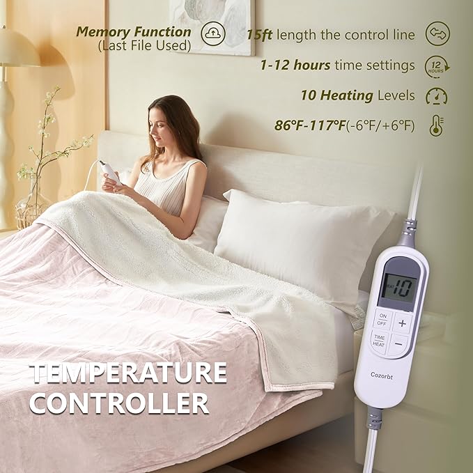 Heat Blanket 50”x60” Throw,Soft Flannel & Sherpa Reversible Electric Blanket with 10 Heat Settings,12 Timer Setting and 3 Hours Auto-Shut Off,ETL Certified Machine Washable,Pink