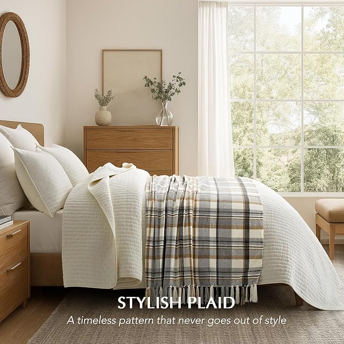 EVERGRACE Plaid Chenille Throw Blanket for Couch, Super Soft Cozy Decorative Farmhouse Plaid Throw with Tassels, Lightweight Chenille Knit Throw for Bed Sofa Gift Home Decor, Grey & Beige 60"x80"