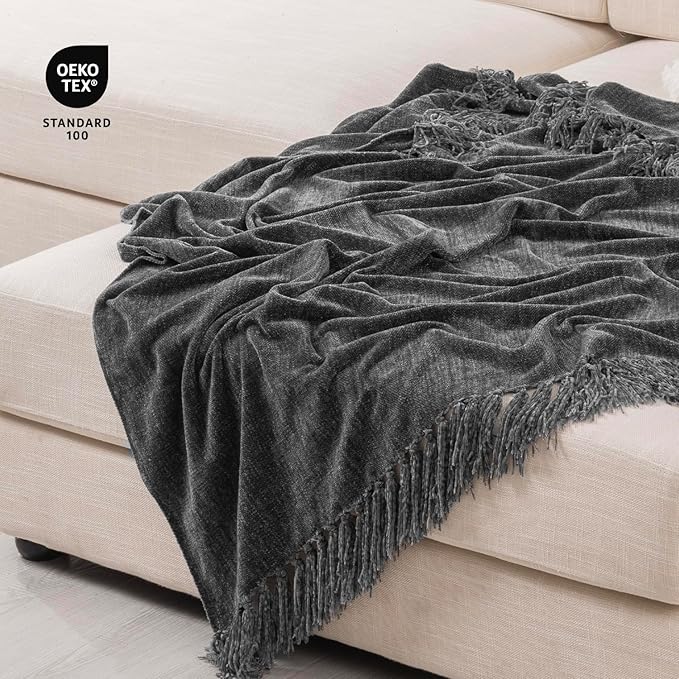 RECYCO Throw Blanket Soft Cozy Chenille Throw Blanket with Fringe Tassel for Couch Sofa Chair Bed Living Room Gift (Dark Gray, 50" x 60")