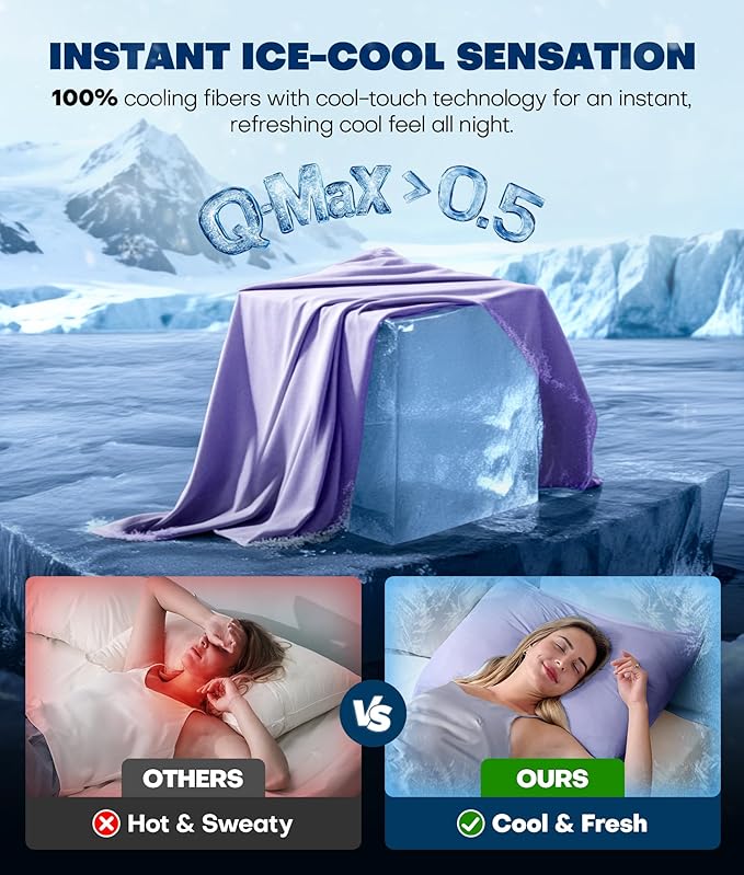 Ultra-Chill Cooling Pillowcase Set of 2 for Hot Sleepers, Softer Than Silk Pillow Cases for Protecting Hair & Skin, Breathable Bed Pillow Covers w/Zipper, Gifts for Women & Men(Purple, Queen)