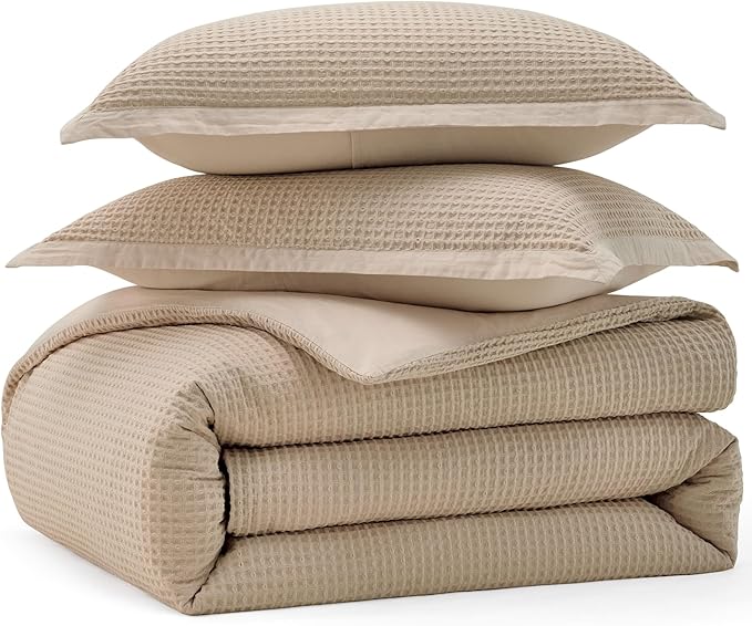 Bedsure Cotton Duvet Cover Queen - 100% Cotton Waffle Weave Khaki Duvet Cover Queen Size, GentleSoft™ and Breathable Tan Bedding Set for All Season, 3 Pieces, 90"x90"