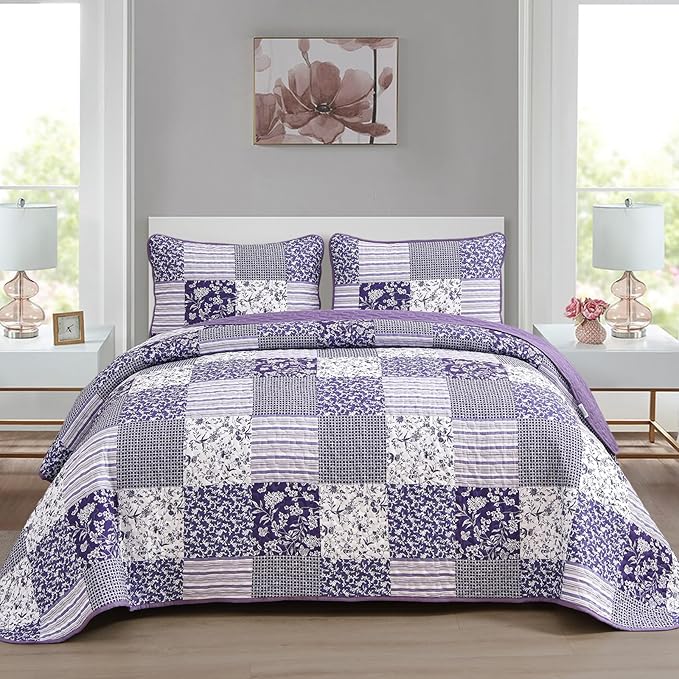 Mybedsoul Purple Quilt Set King Size Quilt Bedding Set Brown Plaid,3 Pieces Floral Patchwork Reversible Bedspread Coverlet Set for All Season,Soft Microfiber Bedding Set King 90"x104"
