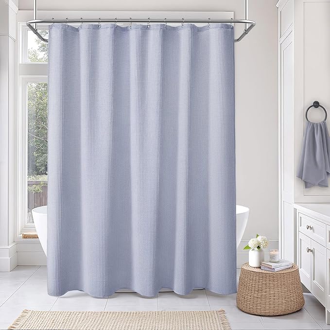 Waffle Weave Shower Curtain - Misty Blue Cotton Fabric Texture Heavyweight Shower Curtain for Bathroom,Washable,72Wx75L