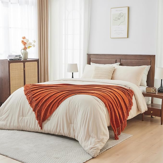 CozeCube Chenille Throw Blanket for Couch, Cozy Plush Fuzzy Decorative Rust Orange Blanket with Fringe Tassels, Lightweight Throws for Bed Sofa Gift Home Decor, 50"X60"