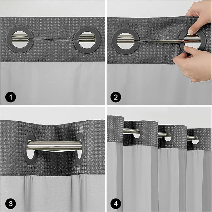 Colorful Star No Hook Shower Curtain with Snap in Fabric Liner, Waffle Heavy Duty Thick Shower Curtains with Mesh Top Window, Hotel Style Waterproof Bathroom Curtain Set, 72'' x 81'', Charcoal Grey