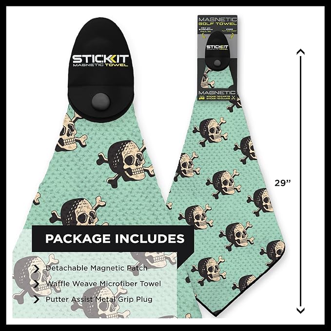 STICKIT Magnetic Seafoam Green Golf Towel with Golf Ball Skulls | Top-Tier Microfiber Golf Towel with Deep Waffle Pockets | Industrial Strength Magnet for Strong Hold to Golf Carts or Clubs
