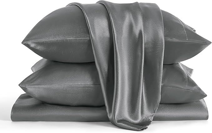 Bedsure Satin Sheets Full Size - 4 Piece Silky Bedsheets with 15 Inches Deep Pocket Fitted Bedsheet,1 Flat Sheet, 2 Satin Pillowcases, Good for Hair & Skin (Full, Dark Grey)