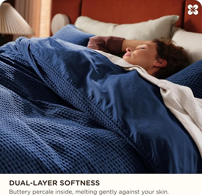 Bedsure Cotton Duvet Cover Queen - 100% Cotton Waffle Weave Navy Blue Duvet Cover Queen Size, GentleSoft™ and Breathable Bedding Set for All Season, 3 Pieces, 90"x90"