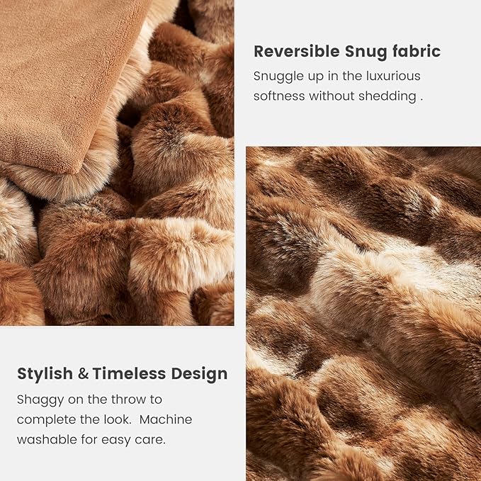 Cozy Bliss Faux Fur Throw Blanket King Size, Fuzzy Soft Plush Thick Bubble Blanket for Bed Couch Bedroom Living Room, 108x90 Inches Tie-dye Brown
