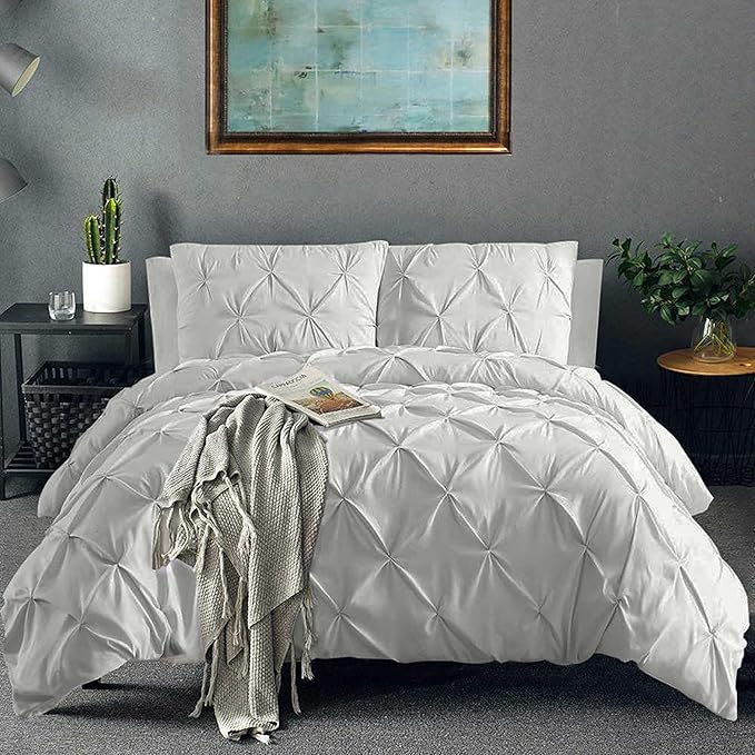 Pinch Pleated Duvet Cover Set 100% Brushed Microfiber 3PC Calking Size 98x104 Duvet Cover Set, Decorative Pinch Design Silver Grey Duvet Cover with Matching Pillow Case