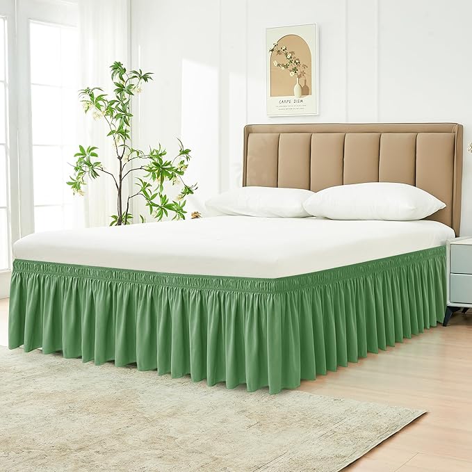 Biscaynebay Wrap Around Bed Skirts for King & Cal King Beds 14" Drop, Sage Adjustable Elastic Dust Ruffles Easy Fit Wrinkle Resistant Silky Luxurious Fabric Machine Washable