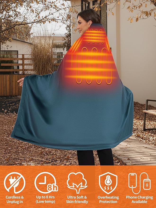 Electric Heated Blanket Battery Operated, Portable Heated Shawl for Neck and Shoulders and Back, Heating Blanket with Zipper and Pockets, 20000mAh, 3 Heating Levels, up to 8 Hours