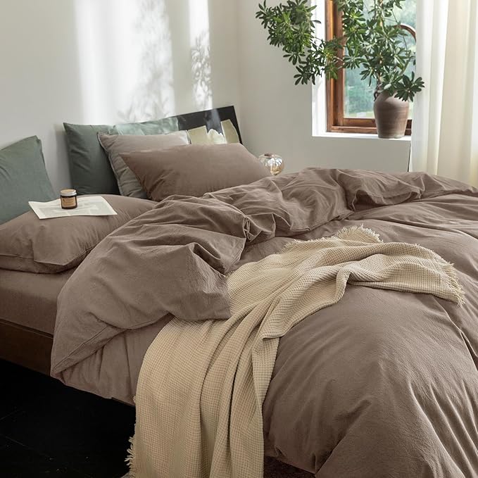 FOSSA Duvet Cover Set 100% Washed Cotton Linen Feel Super Soft Breathable Cozy 3 Pieces Bedding Sets Solid Black Super Queen