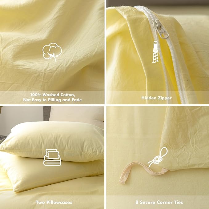 FOSSA Duvet Cover Set 100% Washed Cotton Linen Feel Super Soft Breathable Cozy 3 Pieces Bedding Sets Solid Pastel Yellow Oversized King