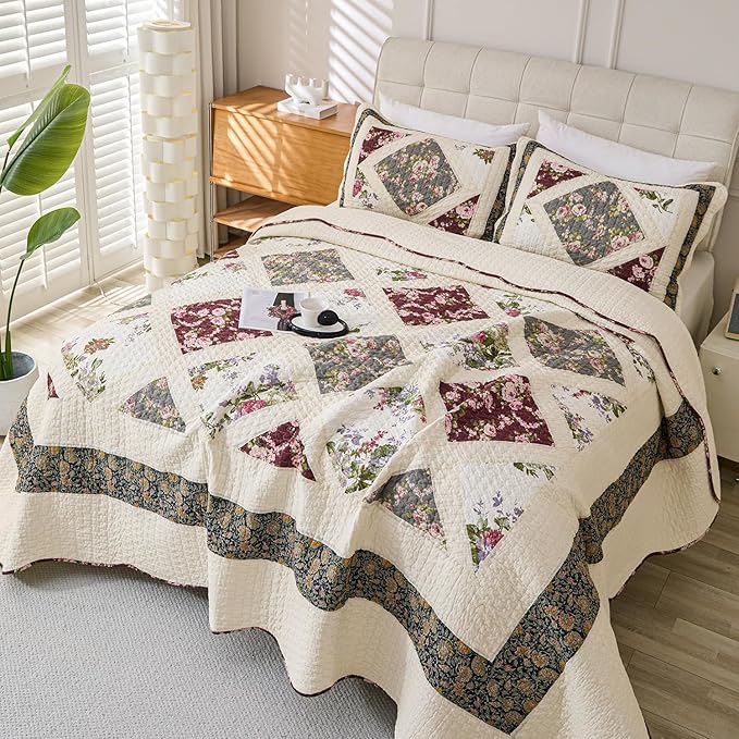 Cmfshape Floral Quilt Sets Bedspread Set 100% Cotton Patchwork Bedding Set,All Season Use Lightweight Reversible Coverlet Quilts with 2 Pillow Shams(King 106"x96")