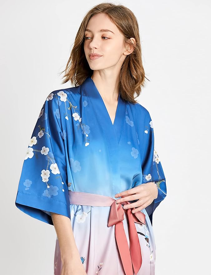 PRODESIGN Kimono Robe for Women - Long Satin Sleepwear Silky Kimono Cover-Up Nightgown Japanese Bathrobe Loungewear Blouse
