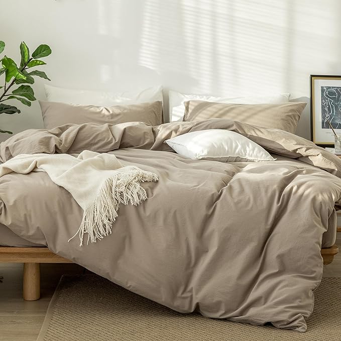 MooMee Bedding Duvet Cover Set 100% Washed Cotton Linen Like Textured Breathable Durable Soft Comfy (Solid Light Camel, Full 80"x90")
