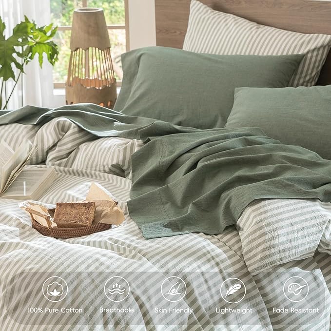 MooMee Bedding Sheet Set 100% Washed Cotton Linen Like Textured Breathable Durable Soft Comfy (Heathered Green, King)