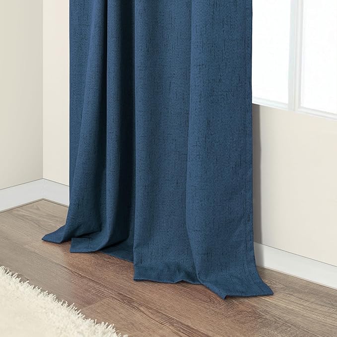 Navy Blue Linen Textured Curtains 90 Inches Long 2 Panels Set Modern Neutral Nursery Blackout Curtains for Kids Bedroom Black Out Thermal Drapes for Summer Heat Noise Reducing Back Tab 52x90 Length