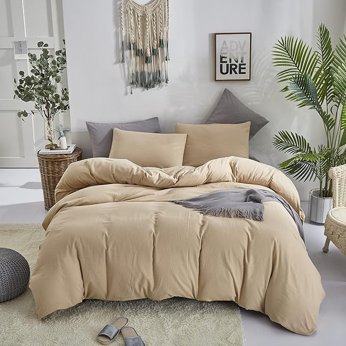 KAREVER Champagne Comforter Set Full Khaki Bedding Set Lightweight Women Blanket 3 PCs Durable Soft Comforter Set Full Beige Quilts Set Breathable