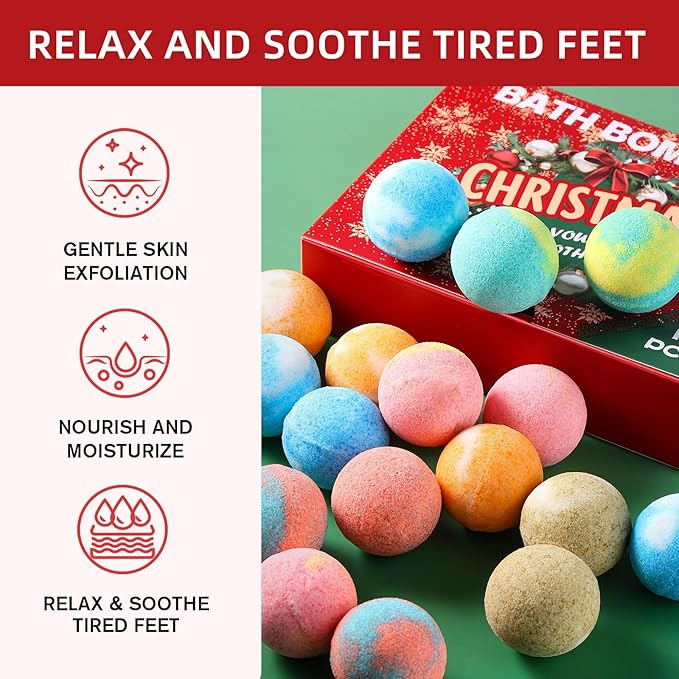 12-Pack Bath Bomb Set for Men & Women, Christmas Aromatherapy Spa Bombs with Essential Oils, Giftable Bath Essentials for Relaxation & Self Care