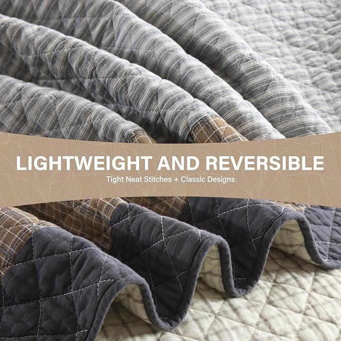 Uniclinens Quilt Set King Size, 100% Cotton Quilted Quilt Bedding Set Bedspread, Real Patchwork Plaid Quilt, Lightweight Quilted Comforter Set, 3 Pieces Set with 2 Pillowshams, Brown/Beige/Gray