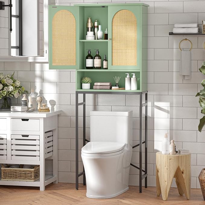 Rattan Over The Toilet Storage Cabinet, Bathroom Organizers and Storage Over Toilet with Rattan Door and Metal Stand, Tall Storage Shelves Above Toilet, Wood Rack for Restroom, Laundry, Foam Green