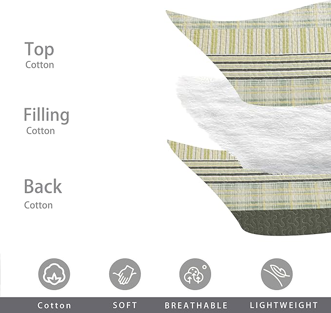 Homzard Queen Quilt - Cotton Comforter Set Queen Size, Green Yellow Striped Quilt Set,Olive Green Plaid Quilted Bedspread, Lightweight Bedding Comforter 3 Pieces All Season
