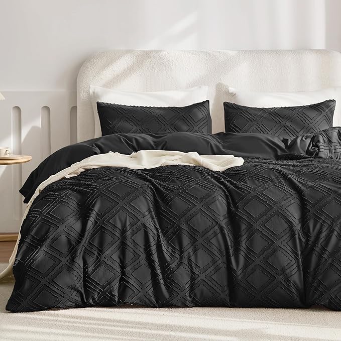 JELLYMONI Duvet Cover Queen Size Black - 3PCS Boho Duvet Cover Set Plaid Polyester Tufted Bohemian Jacquard Knit Textured Comforter Cover 90×90in Rhombic Geometric Pattern Zipper Corner Tie