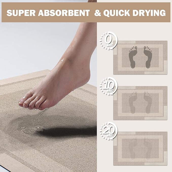 Non Slip Bath Mat, Rubber Backing Ultra Thin Bathroom Rugs Fit Under Door Quick Dry Super Absorbent Washable Bath Rug Shower Mat for Bathroom Floor Bathtub Shower Sink, Easy Care Beige 16"x 24"