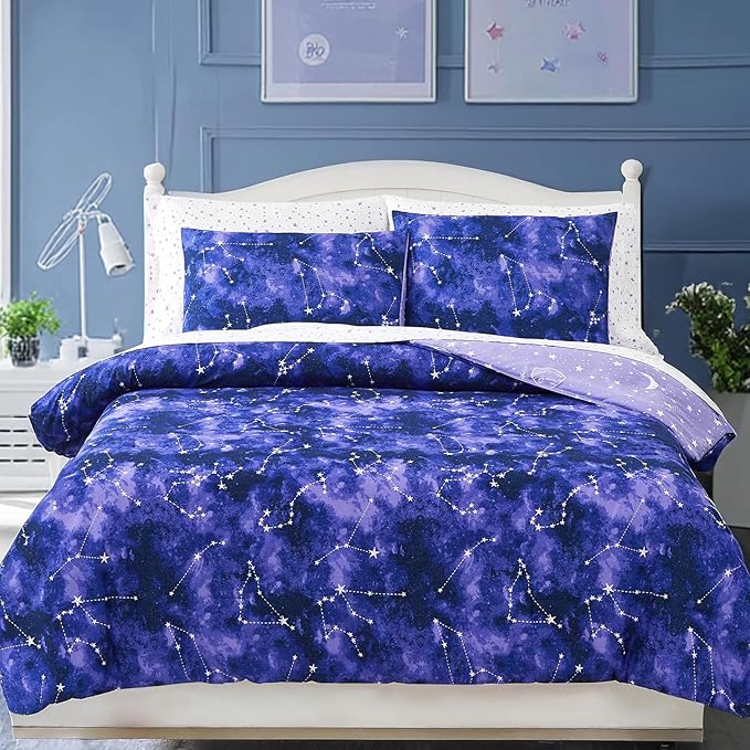 Full Size Comforter Set -7 Pieces Girls Boys Galaxy Glow in The Dark Full Bedding Sets for Kids, Ultra Soft Bed in A Bag with Sheets