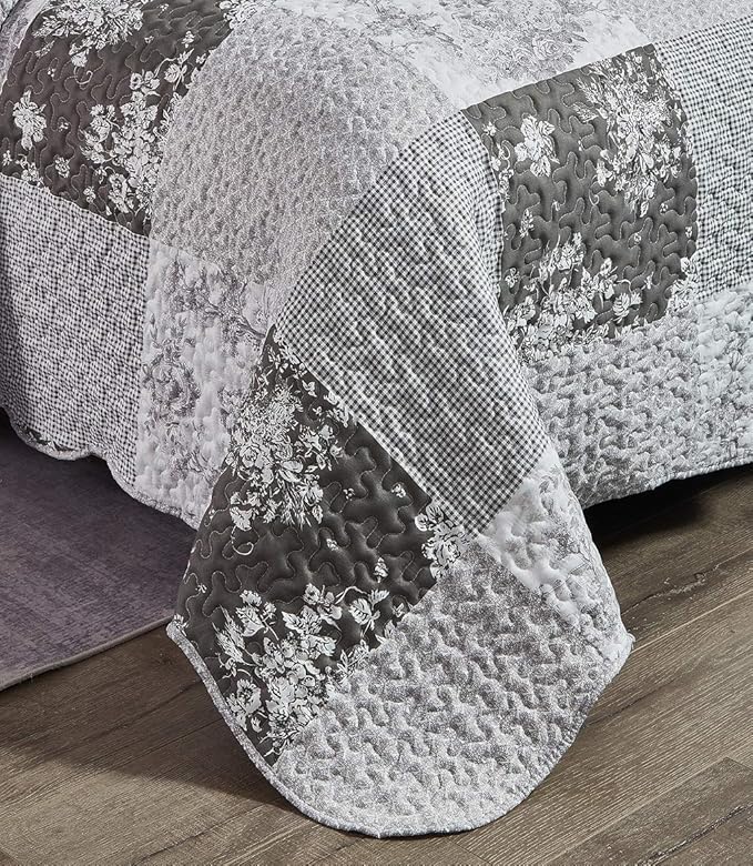Brilliant Sunshine Grey Toile Floral Patchwork, 3-Piece Quilt Set with 2 Shams, Reversible Bedspread, Soft Lightweight Coverlet, All-Season, King, Grey