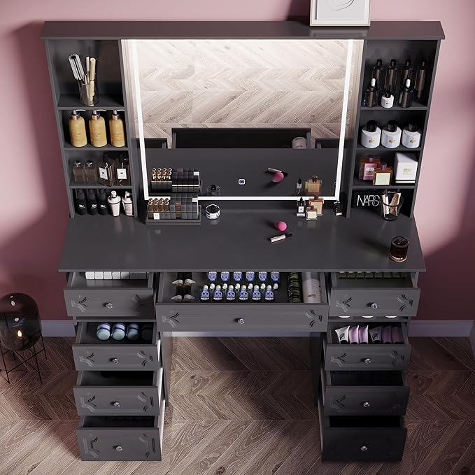 Makeup Vanity with 30" HD Lighted Mirror, 47" Large Vanity Desk with 9 Drawers & 10 Open Storage Shelves, Brightness Adjustable, Dressing Table for Bedroom, Women Girl (Black, B Panel)