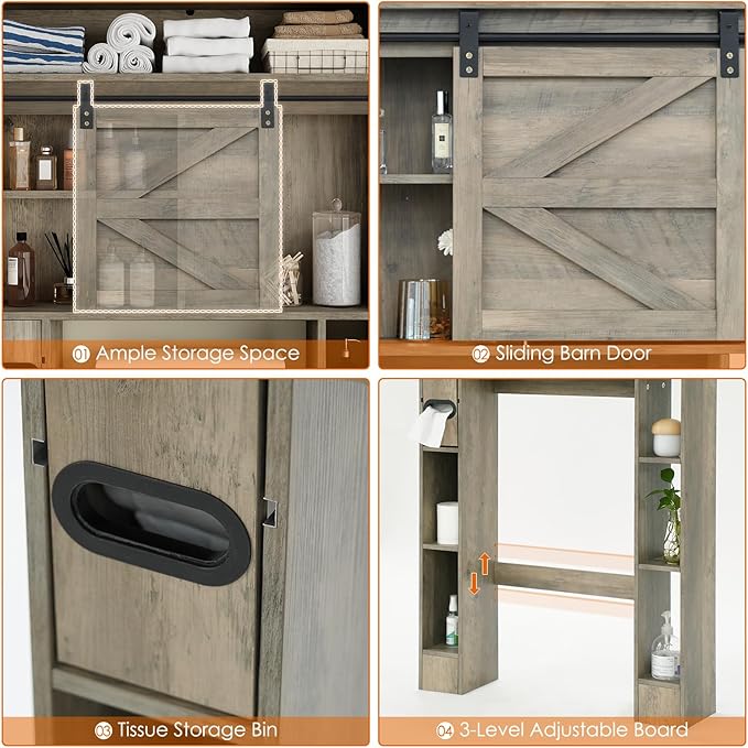 Over The Toilet Storage Cabinet, 32.5'' Wide Bathroom Storage Cabinet with Sliding Barn Door, Freestanding Over Toilet Storage Shelf, Grey