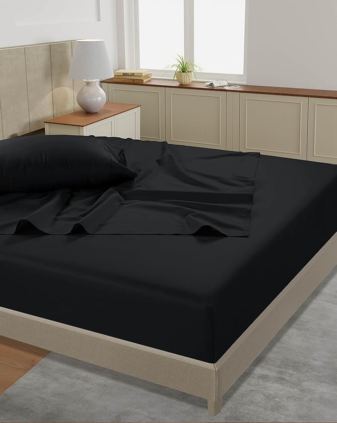 LANE LINEN Twin Size Bed Sheets – 450 Thread Count Cooling & Soft Sateen Weave, 100% Cotton Sheets with 15” Deep Pocket Fully Elasticized Fitted Sheet, Hotel Bedding, Black
