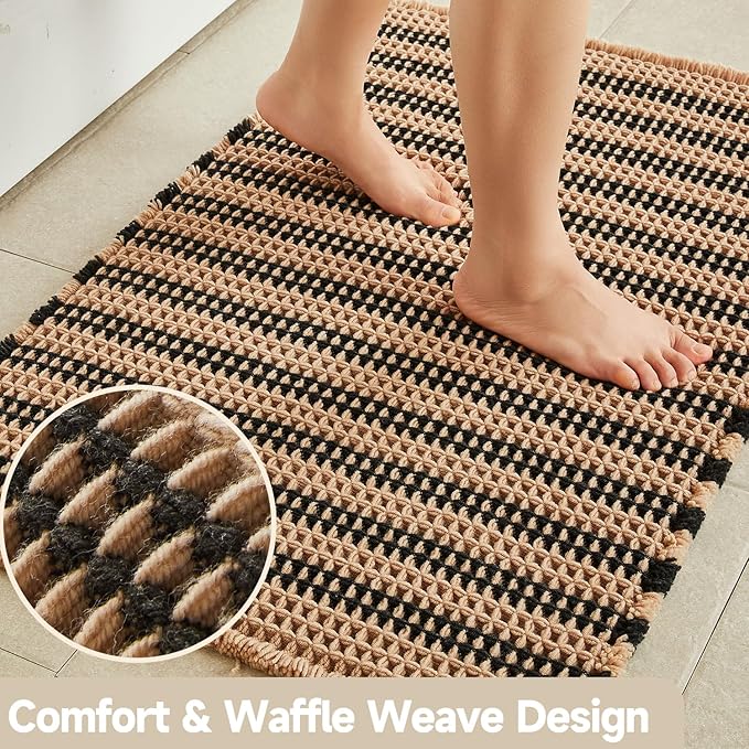 Waffle Runner Rug Bathroom, Long Boho Bathroom Rugs Non Slip Washable Super Absorbent Quick Dry Farmhouse Bath Decor, 72"x24" Black and Khaki
