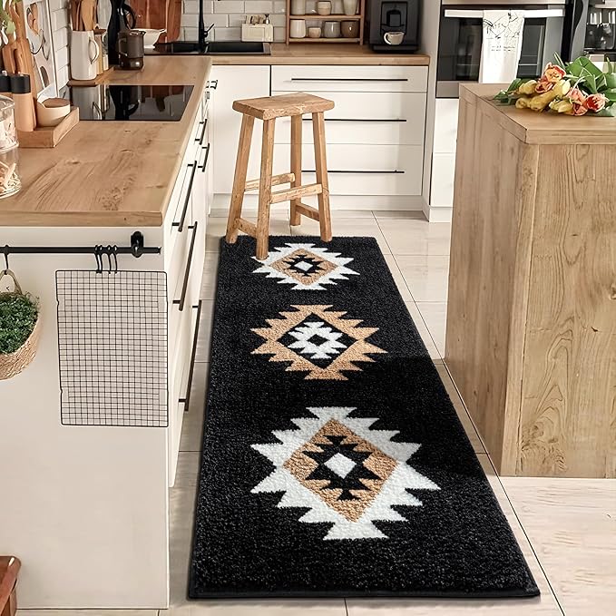 DEXDE Bathroom Runner Rugs 20x72 Boho, Long Bath Mats for Bathroom Bedroom Hallway Kitchen Luxury Soft Absorbent Large Bath Rugs Modern Geometric Western Farmhouse Carpet, Black White