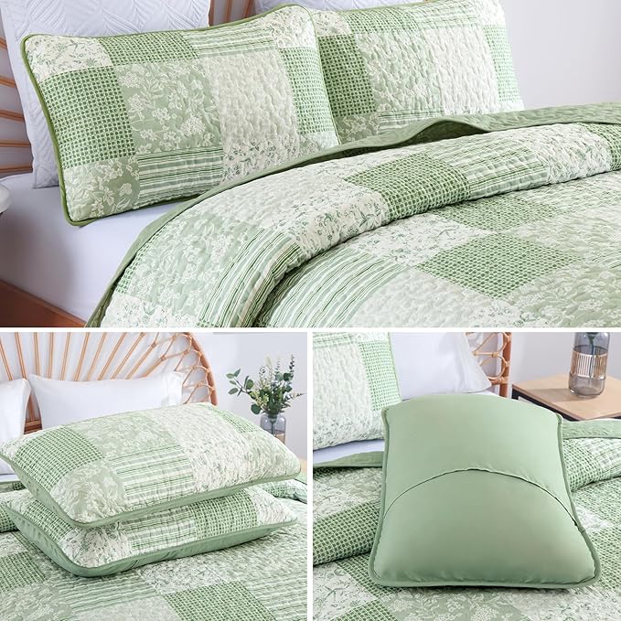 Mybedsoul Light Green Quilt Set Queen Size, 3 Pieces Plaid Floral Bedspread Set Patchwork Reversible Bedding Set Microfiber Lightweight Bedspread Coverlet Set for All Season 96"x90"