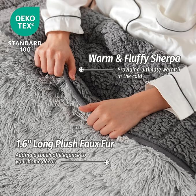 Wemore Shaggy Long Fur Faux Fur Weighted Blanket, Cozy and Plush Sherpa Long Hair Blanket for Adult 20lbs, Fluffy Fuzzy Sherpa Reverse Heavy Blanket for Bed, Couch, Backprint Grey, 60 x 80 Inches