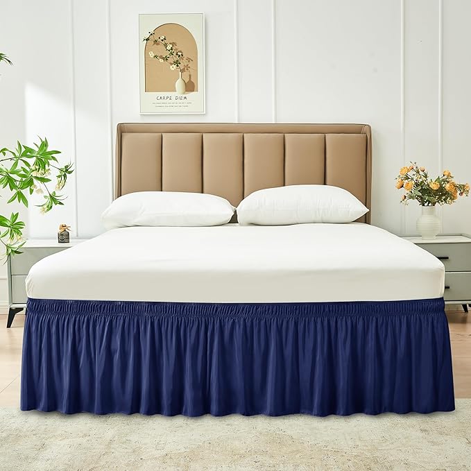 Biscaynebay Wrap Around Bed Skirts for Full & Full XL Beds Short Drop of 12", Navy Adjustable Elastic Dust Ruffles Easy Fit Wrinkle Resistant Silky Luxurious Fabric Machine Washable