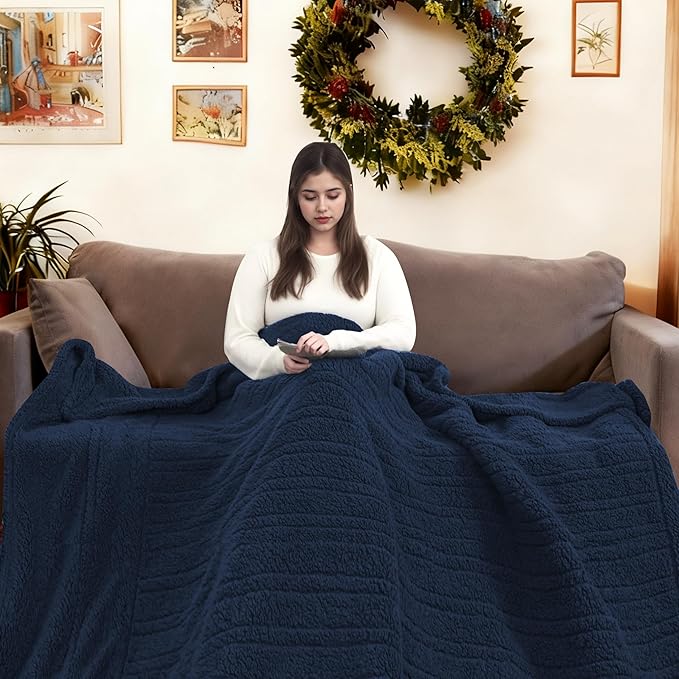 Electric Heated Blanket 6 Heating Settings & 1-10H Auto Off Full 72×84 Double Sided Plush Sherpa Ultra-Soft Warm Thick, Machine Washable, Fast Heating, Home Office Dark Blue