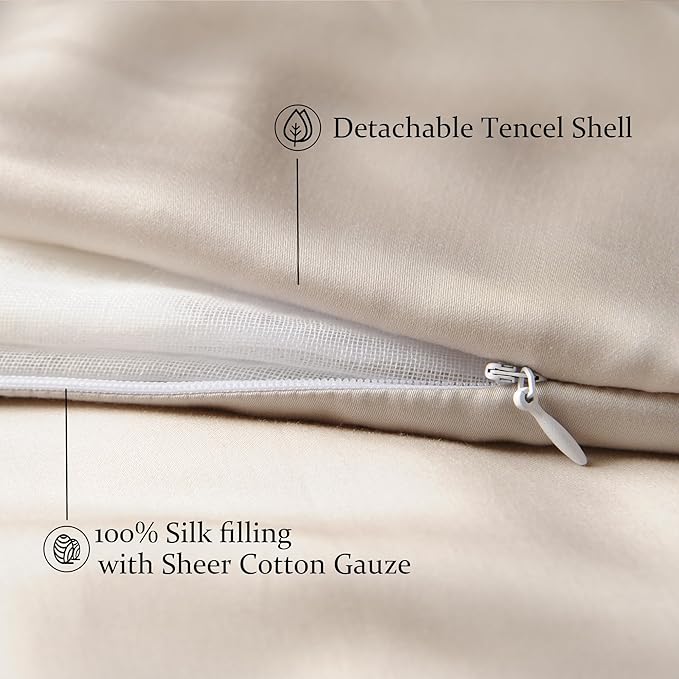 CUDDLE DREAMS Lightweight Silk Filled Comforter for Summer, Detachable Tencel Duvet Cover for Easy Care, Naturally Breathable (Light Pewter, Twin)