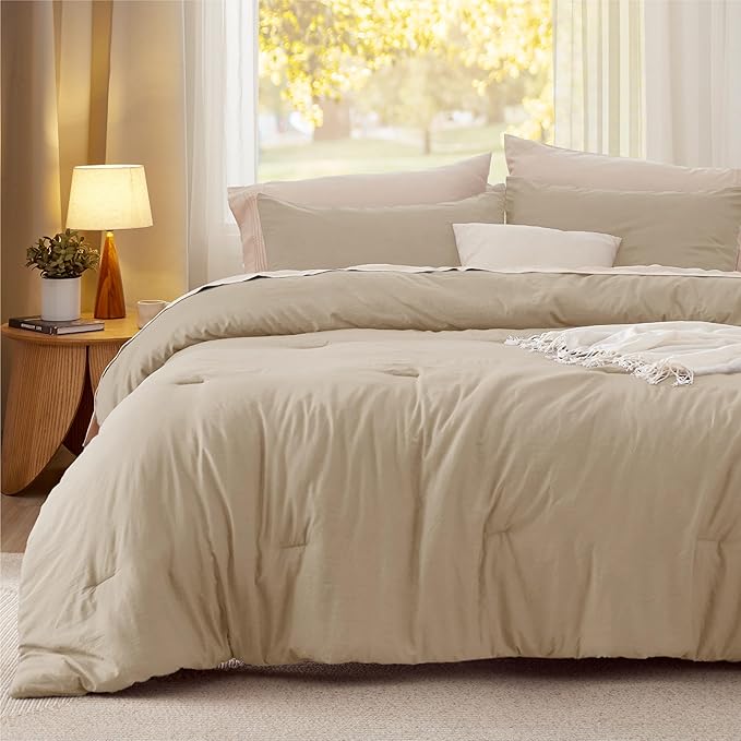 Bedsure Oversized King Size Comforter Set, Khaki Soft Prewashed Bedding for All Seasons, 3 Pieces GentleSoft™ Down Alternative Bed Set, 1 Lightweight Comforter (120"x98") and 2 Pillowcases (20"x36")