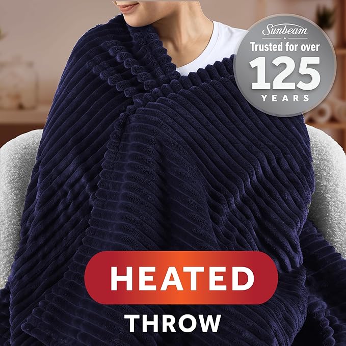 Sunbeam Royal Posh Velvet Heated Throw Electric Blanket, 50" x 60", 4 Heat Settings, 4-Hour Auto Shut-Off, Warming Throw for Couch, Fast Heating, Machine Washable, Warm and Cozy, Ribbed Admiral Blue