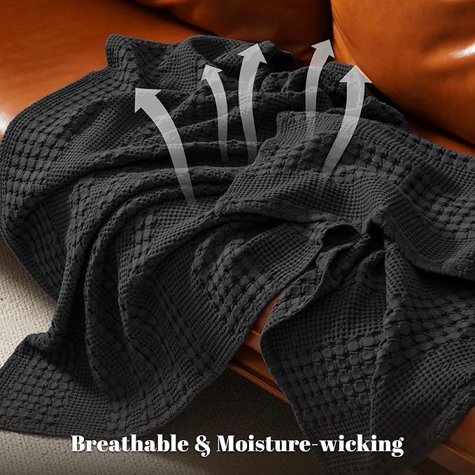 PHF 100% Cotton Waffle Weave Blanket Queen Size for Bed, Soft Lightweight & Breathable, All-Season Comfort, Luxury Aesthetic Woven Bedding for Home Decor, 90"x90", Black