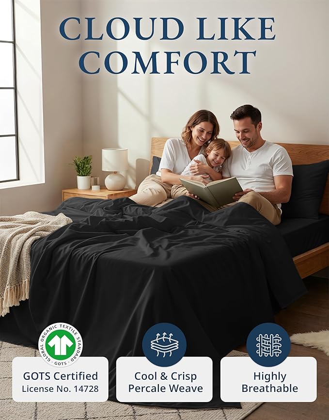 LANE LINEN 100% Organic Cotton Bed Sheets King Size, Soft & Comfy Fully Elasticized Percale Bedding Sheets & Pillowcase Set, Low Pilling Machine Washable King Sheet- Black Sheets