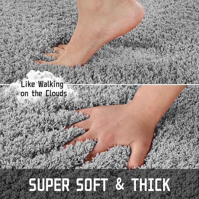 Yimobra Fluffy Plush Bath Rug, Super Shaggy Soft Comfortable Non Slip, Water Absorbent Microfiber Bath Mat, Dries Quickly, Machine Washable Thick Bathroom Rugs for Shower, 60"x 24", Pure Gray